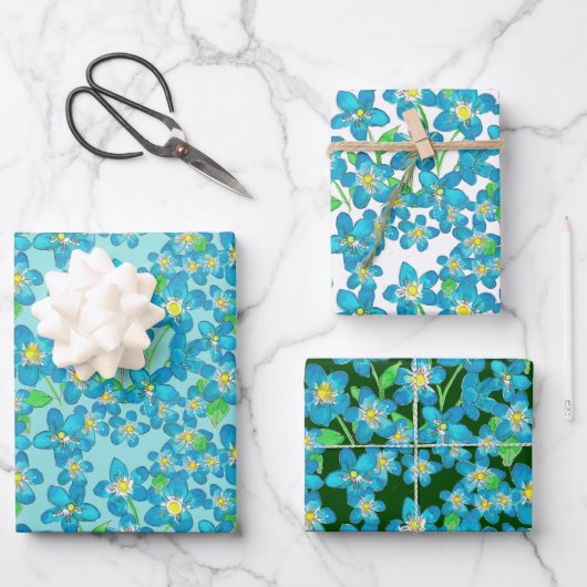 Vergessen Sie die Hand-Illustrierte Blauer Blume Geschenkpapier Set (Vorderseite)