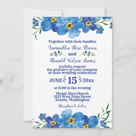 Vergessen Sie mir nicht Blue Floral Water Wedding Einladung (Vorderseite)