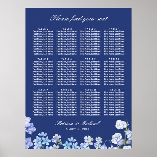 Vergessen Sie mir Nots Blue Floral Wedding Chart Poster (Vorne)