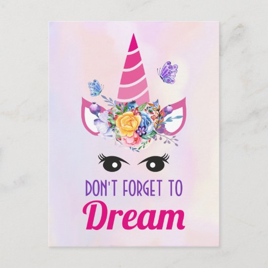 Vergessen Sie nicht zu träumen Niedlich rosa Einho Postkarte (Vorderseite)
