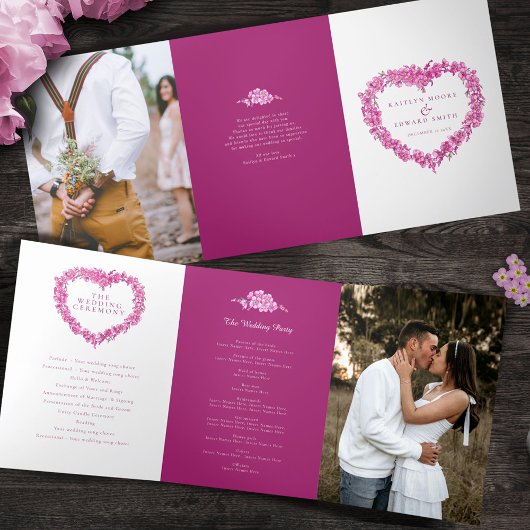 Vergesst-me-nots-Hochzeit mit rosa Herzkranzkunst Dreifach-gefaltete Programmkarte