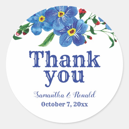 Vergiss mich nicht Blue Watercolor Wedding Danke Runder Aufkleber (Vorderseite)