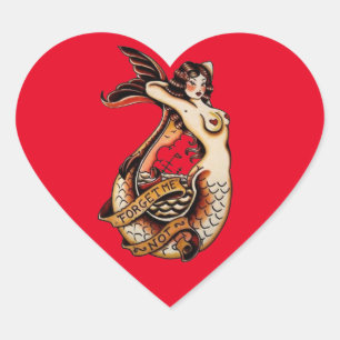 Vergiss mich nicht - Vintage Meerjungfrau Tattoo A Herz-Aufkleber