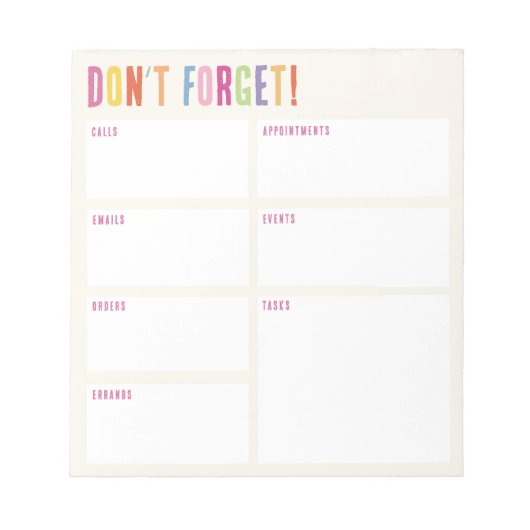 Vergiss nicht! Farbige Text-Erinnerung Notizblock (Vorderseite)