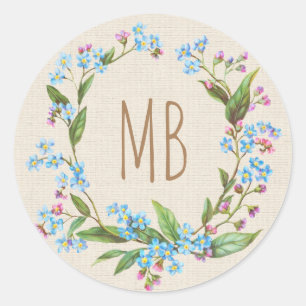 Vergissmeinnicht-Kranz mit Monogramm Blau Beige Ru Runder Aufkleber