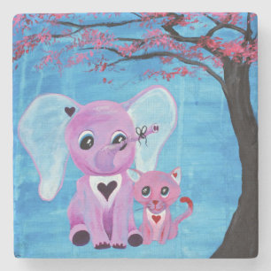 Vergissmeinnicht Süßer Elefant Katze Kirschblüten  Steinuntersetzer