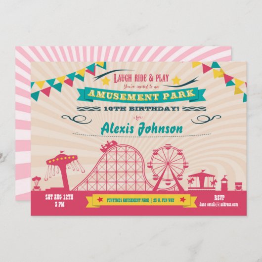 Vergnügungspark Funfair Karneval Geburtstag Einlad Einladung (Vorne/Hinten)