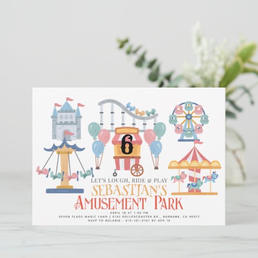 Vergnügungspark Kind's Geburtstag Einladung (Stehend Vorderseite)