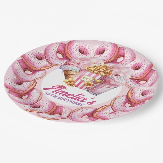 Vergnügungspark Personalisiert rosa Pappteller (Schrägansicht)