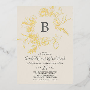 Vergoldete Blumen Goldfolie Creme Monogramm Hoch Folieneinladung