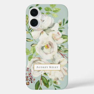 Vergoldete Blüten Custom Monogramm Mint iPhone 16 Hülle