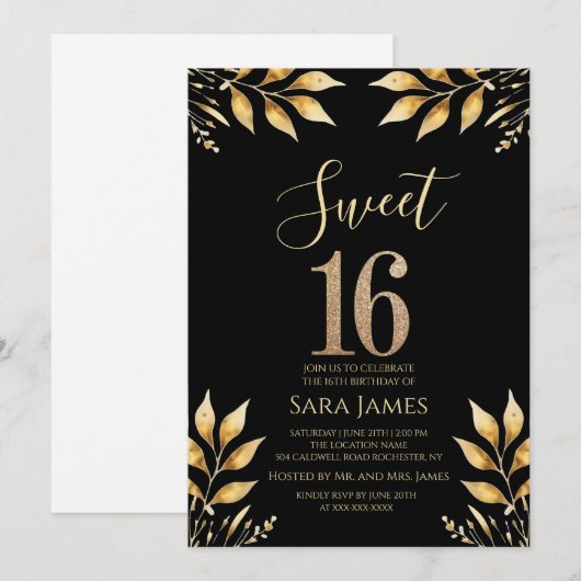 Vergoldete Glitz Sweet 16 Einladung (Vorne/Hinten)