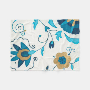 Vergoldete Indigo-Blumen mit weißem Hintergrund Fleecedecke