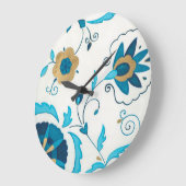 Vergoldete Indigo-Blumen mit weißem Hintergrund Große Wanduhr (Winkel)