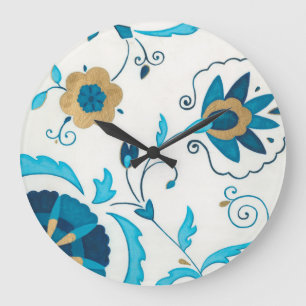Vergoldete Indigo-Blumen mit weißem Hintergrund Große Wanduhr