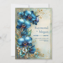Vergoldete Indigo-Orchideen-Sternenstaub-Hochzeit Einladung