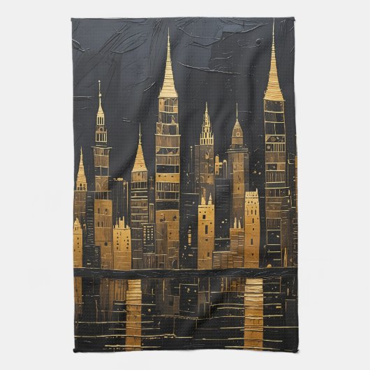 Vergoldete Mitternachts-Skyline Geschirrtuch (Vertikal)