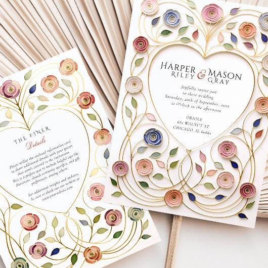Vergoldeter Herzrahmen Floral Emaille Hochzeit Einladung