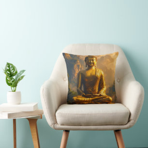 Vergoldeter sitzender Buddha unter einem Sonnenunt Kissen