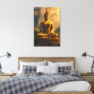 Vergoldeter sitzender Buddha unter einem Sonnenunt Leinwanddruck