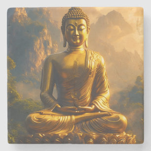 Vergoldeter sitzender Buddha unter einem Sonnenunt Steinuntersetzer