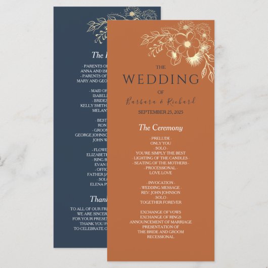 Vergoldetes Blumengold Hochzeitsprogramm Programm (Vorne/Hinten)