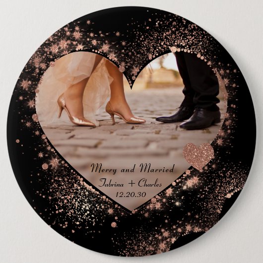 Verheiratet & Fröhlich Roségold Funkelnde Lichter Button (Vorderseite)