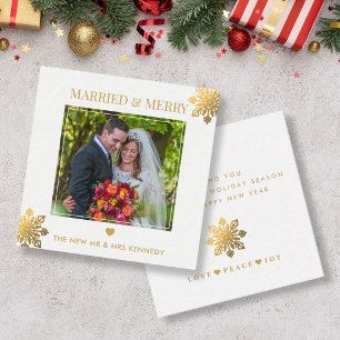 Verheiratet Fröhliche Foto Gold-Schneeflocke Weihn Mitteilungskarte