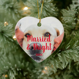 Verheiratet & hellrotes Herz mit individuellem Fot Keramik Ornament