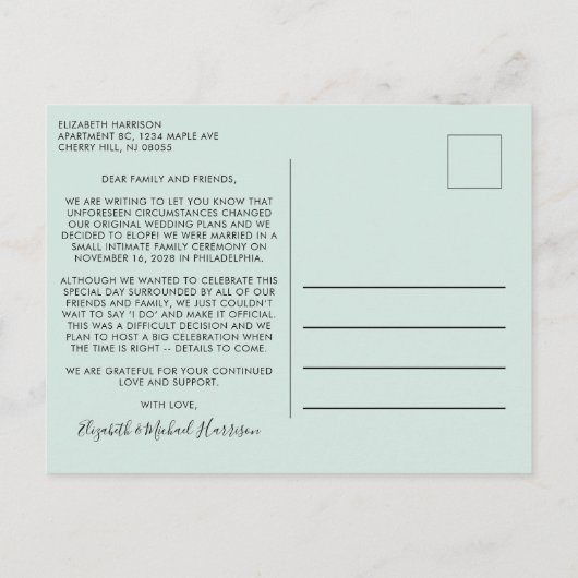 Verheiratet jetzt Party später Foto Münzprägung Ankündigungspostkarte (Rückseite)