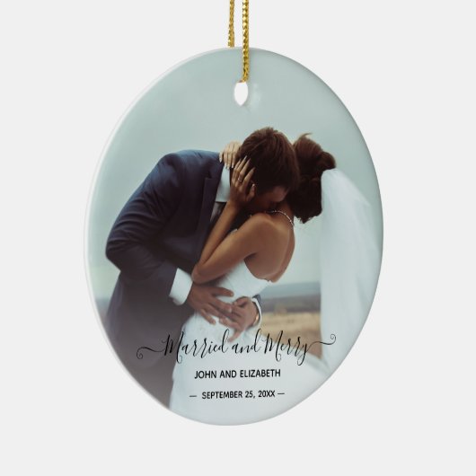 Verheiratet Merry 2 Foto Bride Groom Erster Weihna Keramik Ornament (Rechts)