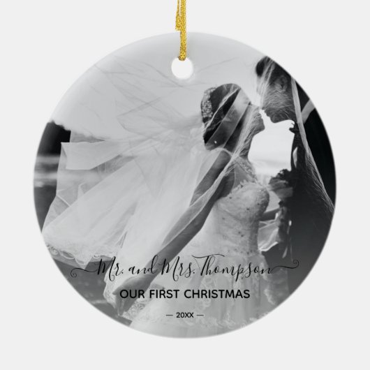 Verheiratet Merry 2 Foto Bride Groom Erster Weihna Keramik Ornament (Hinten)