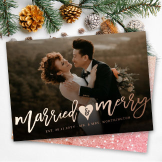 Verheiratet & Merry Brush Script Foto Moderne Hoch Folien Feiertagskarte