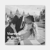 Verheiratet & Merry | Elegante Schwarz-Weiß-Hochze Magnet (Vorne)