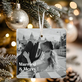 Verheiratet & Merry | Elegantes Black & White Foto Keramikornament