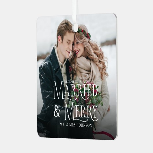 Verheiratet & Merry Foto Neugegossen Weihnachten Ornament Aus Metall (Vorderseite links)