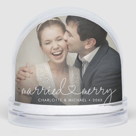 Verheiratet- & Merry-Heart-Skript Moderne Hochzeit Schneekugeln (Vorderseite)
