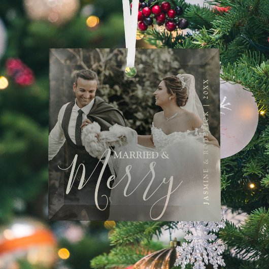 Verheiratet & Merry Modern Mr & Mrs. Foto Ornament Aus Glas