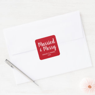 Verheiratet & Merry New Holiday Red Square Quadratischer Aufkleber