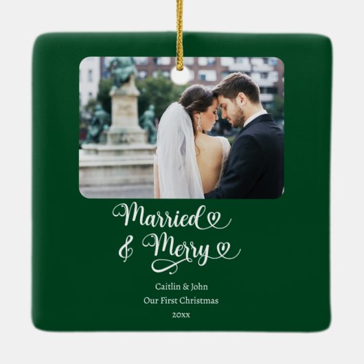 Verheiratet Merry Newlyweds 1. Foto Grün Keramikornament (Rückseite)