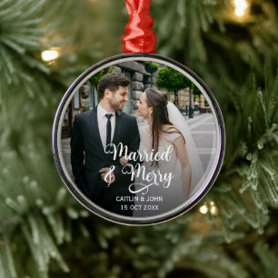 Verheiratet Merry Newlyweds 1. Foto Runde Ornament Aus Metall
