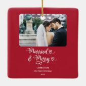 Verheiratet Merry Newlyweds 1. Foto Weihnachten Ro Keramikornament (Rückseite)