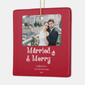 Verheiratet Merry Newlyweds Erstes Weihnachts-Rote Keramikornament (Links)