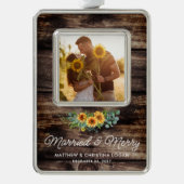 Verheiratet Merry Rustic Sunflower Eukalyptus Foto Rahmen-Ornament Silber (Vorderseite)