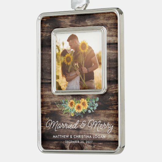 Verheiratet Merry Rustic Sunflower Eukalyptus Foto Rahmen-Ornament Silber (Links)