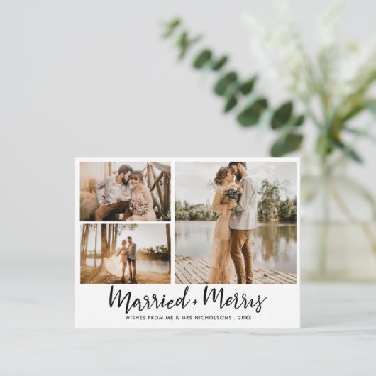 Verheiratet & Merry | Script Modernes, neu verheir Postkarte (Stehend Vorderseite)