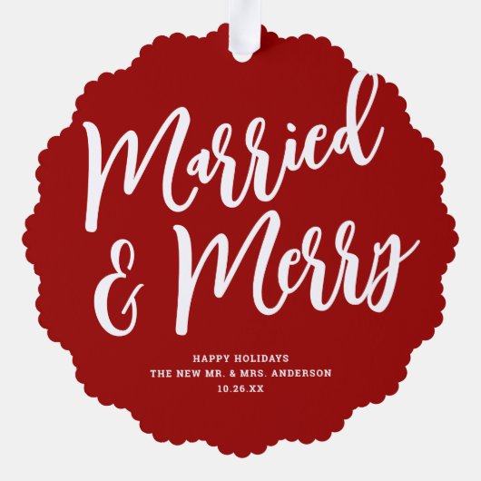 Verheiratet & Merry Script Rotes Kariertes Foto We Ornament Karte (Rückseite)