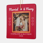 Verheiratet & Merry Wedding Foto Moderne Rote Kera Keramikornament (Links)