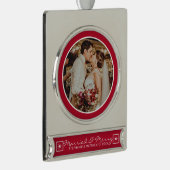 Verheiratet & Merry Wedding Foto Modernes Rotes Banner-Ornament Silber (Rechts)