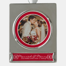 Verheiratet & Merry Wedding Foto Modernes Rotes Banner-Ornament Silber